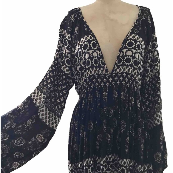 Raga Black Floral V Neck Long Sleeve Flowy Bohemian Casual Maxi Dress M - Picture 2 of 7